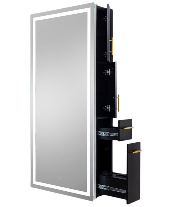 Pibbs 9110 Lumina Gold Handle LED Salon Mirror & Storage Server