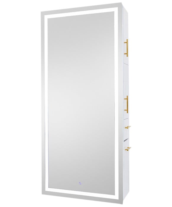 Pibbs 9110 Lumina Gold Handle LED Salon Mirror & Storage Server