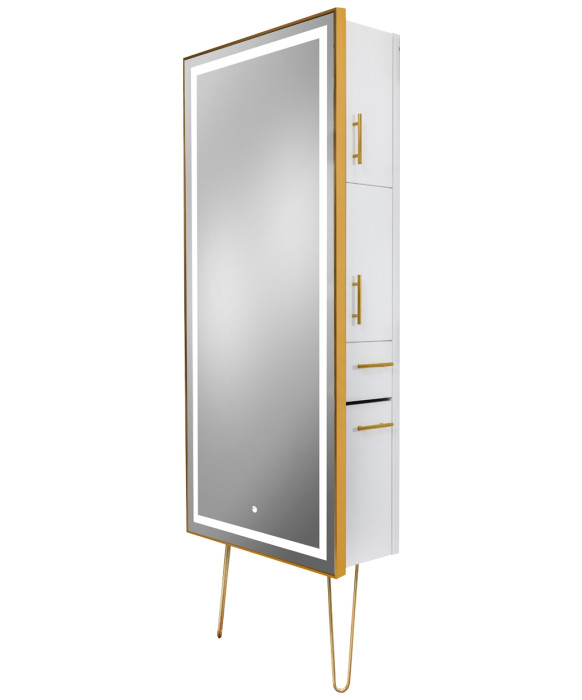 Pibbs 9220 Lumina Gold Frame LED Salon Mirror & Storage Server w/ Legs