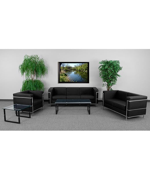 Contemporary Black Leather Sofa with Metal Encasing Frame