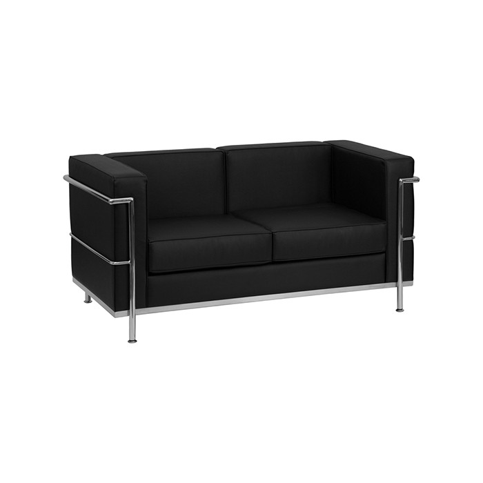 Contemporary Black Leather Love Seat with Metal Encasing Frame